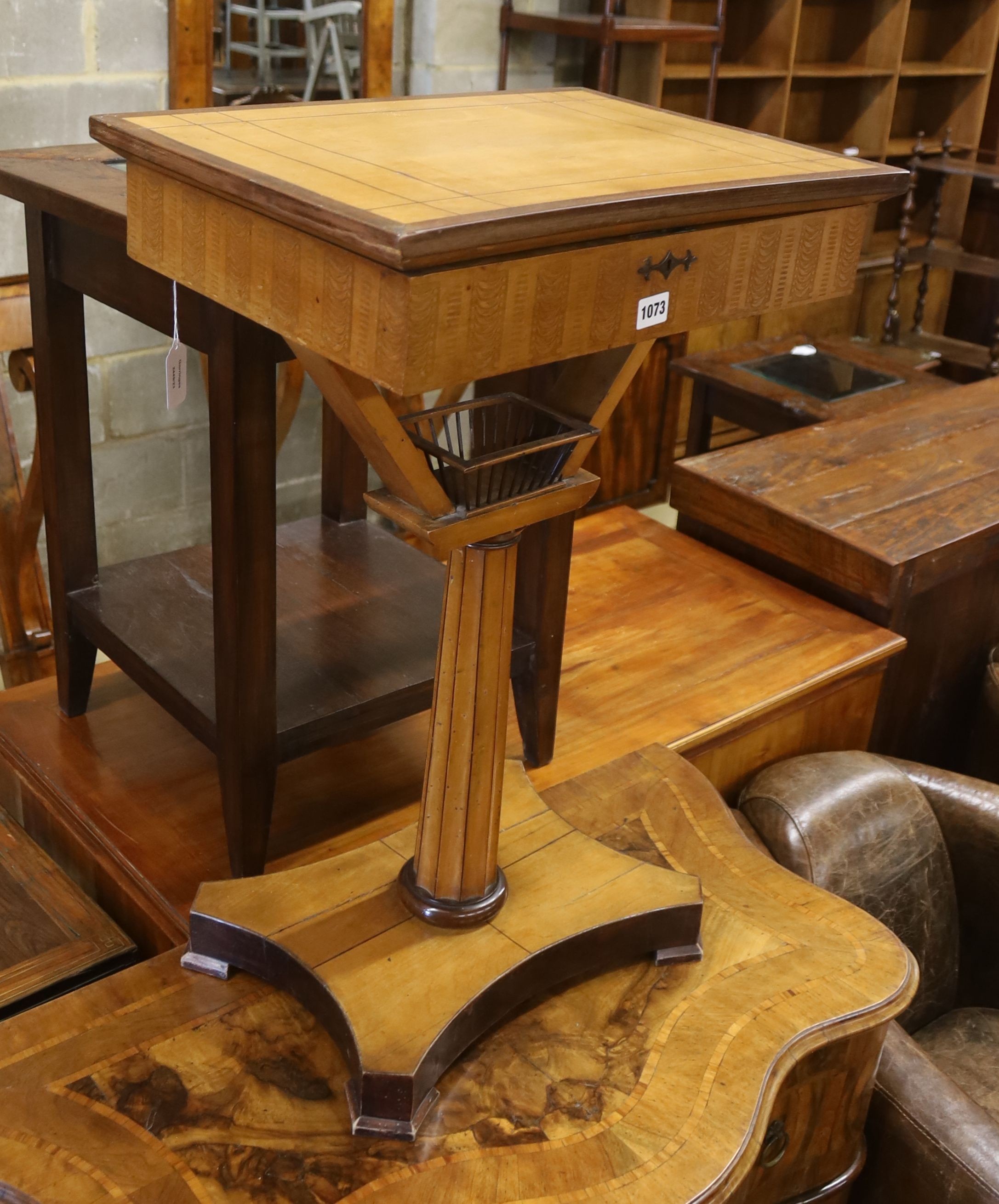 A 19th century Continental satin birch work table, width 52cm, depth 36cm, height 79cm